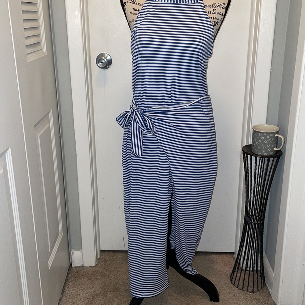 Autumn-Luxe summer Midi Dress. Blue and white stripes- SZ L- NWT -